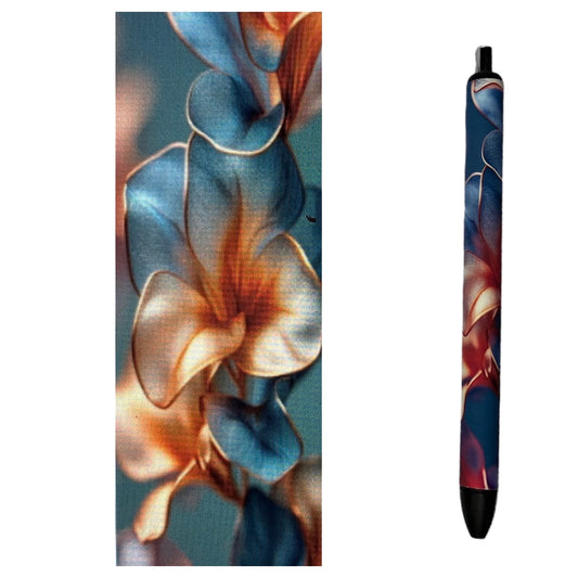 Photo of pen and vinyl wrap with hues of red and blue petals