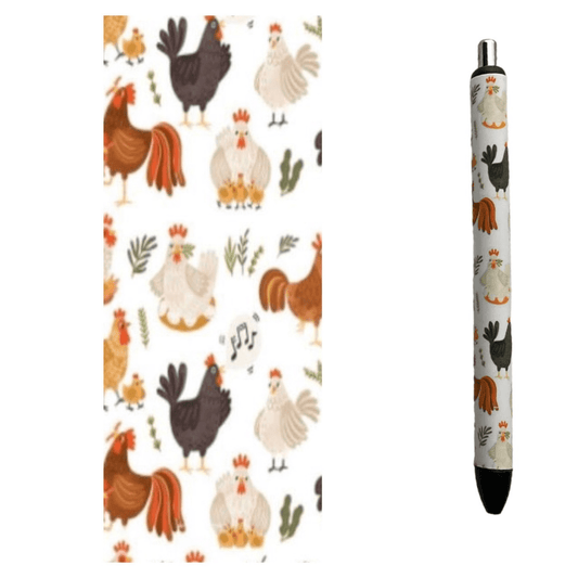 Photo of pen and wrap design with chickens brown, white, and black.