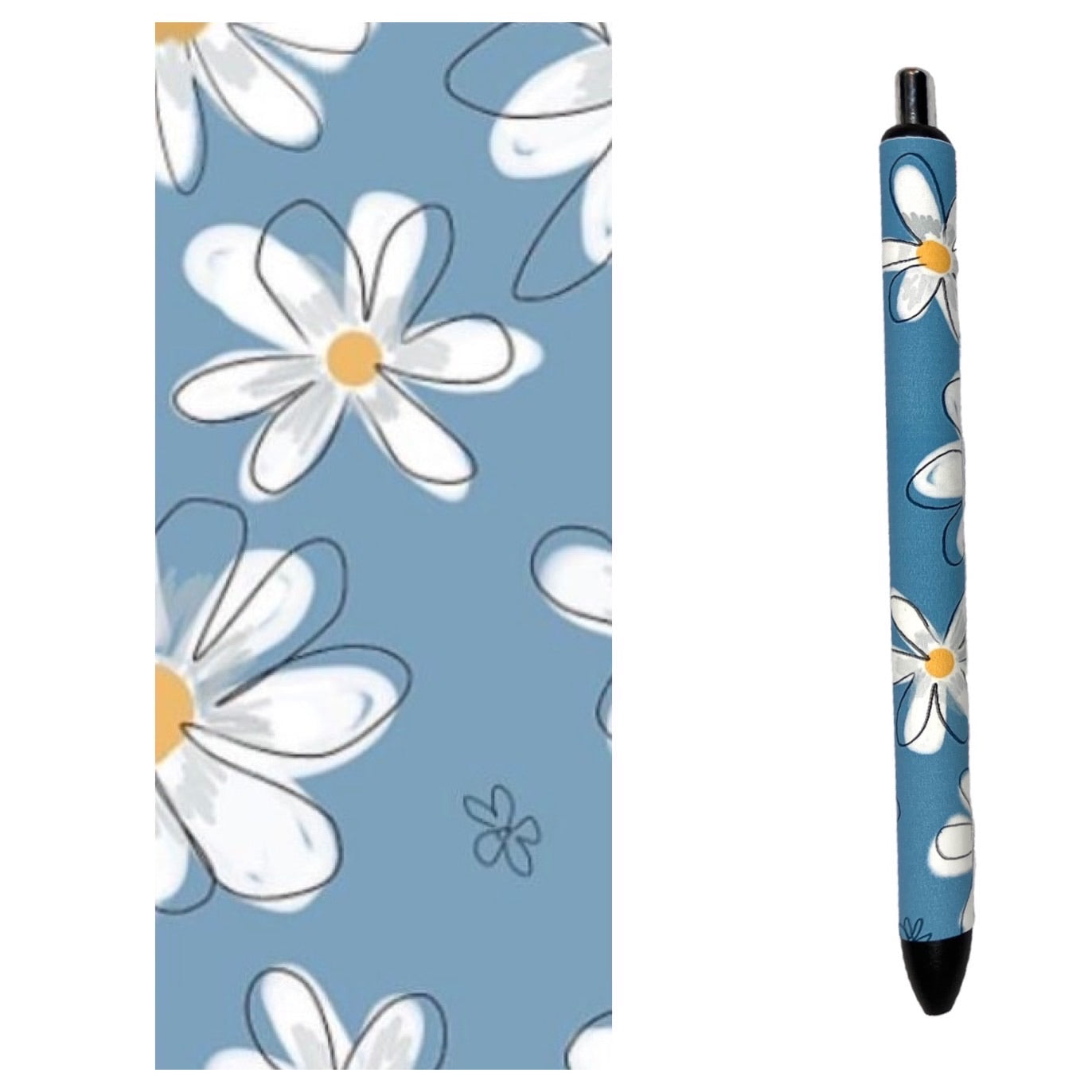 Photo of pen and design wrap with blue background and white doodle flowers 