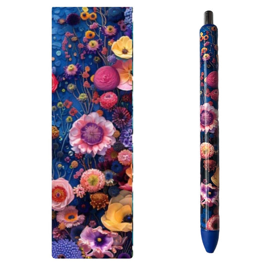 Bright and bold flower design on a blue pen. 