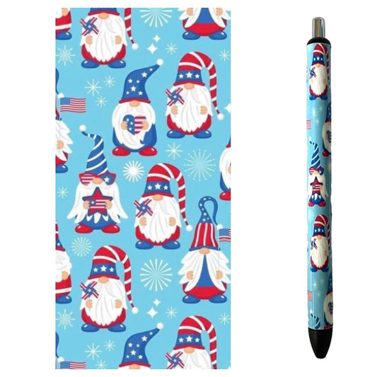 Photo of pen and vinyl wrap design with red white and blue colors and gnomes. 