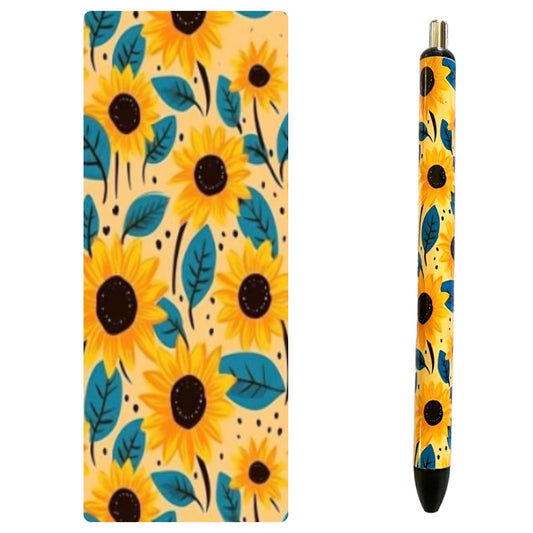 Photo of pen and design with pale yellow background and yellow sunflowers with blue leaves. 