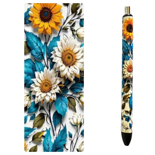Photo of pen and design with white and yellow flowers. Blue and green leaves in background. 
